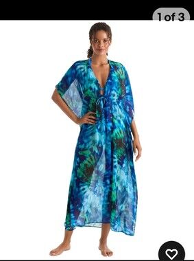 Mimi Flamingo Dune Midi Caftan Tie Dye Blue Green Cover Up. Size S Over Size.